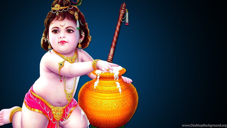 Baby Krishna Stirring Butter Pot with Churner in Traditional Indian Art HD wallpaper