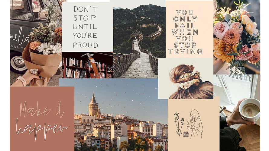Neutral Aesthetic Mood Board with Inspirational Quotes and Travel Photography HD wallpaper