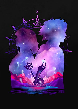 Final Fantasy X Yuna and Tidus Silhouette Artwork with Nebula and Summoning Rods HD phone wallpaper