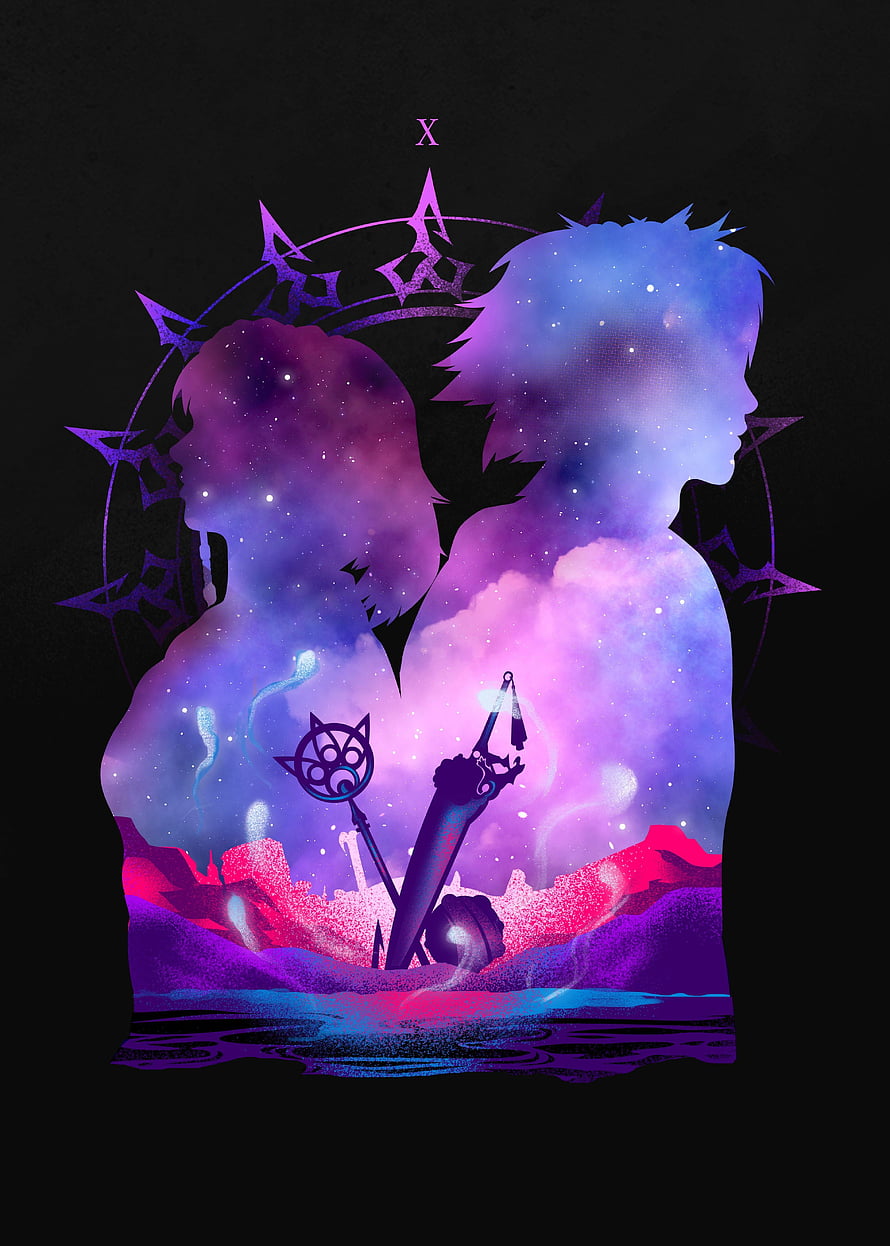 Final Fantasy X Yuna and Tidus Silhouette Artwork with Nebula and Summoning Rods HD phone wallpaper