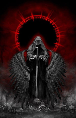 Dark angel with black wings holding a sword standing over skulls with a glowing red rune circle background HD phone wallpaper