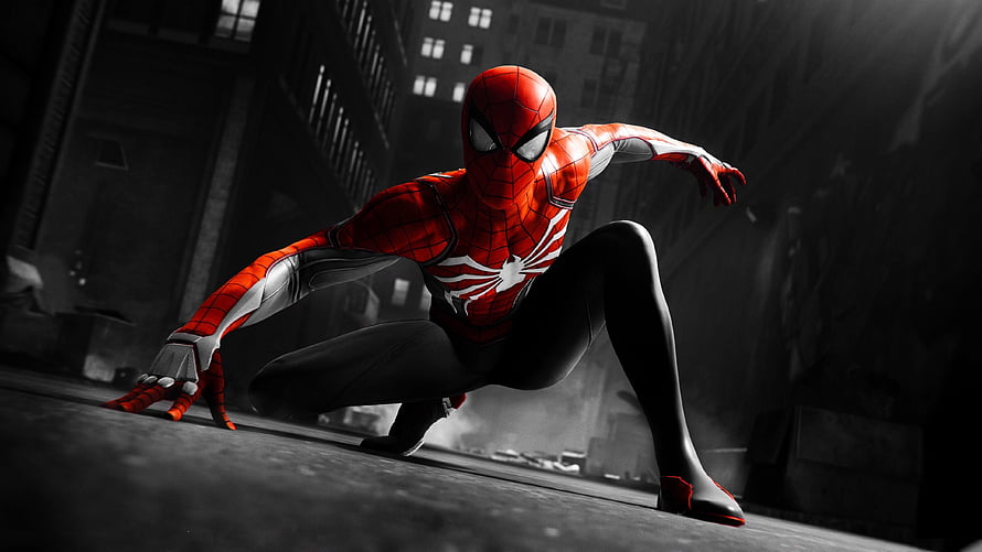 Spider-Man in Red and Black Suit Crouching in Dark City Street, Black and red, suit, Spider-man, video game HD wallpaper