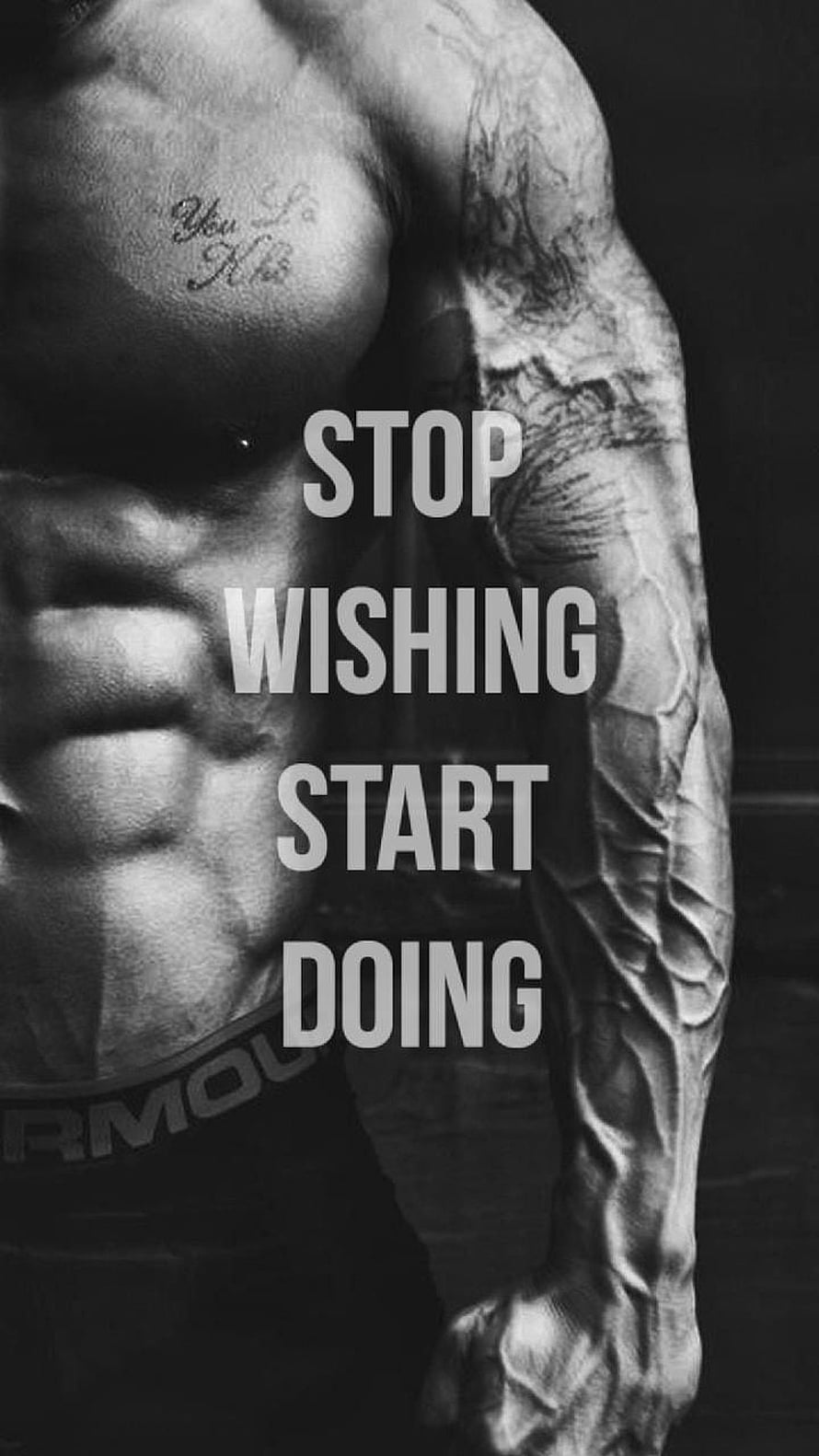 Black and White Motivational Gym Wallpaper Featuring Muscular Male Torso and Vascular Arms HD phone wallpaper