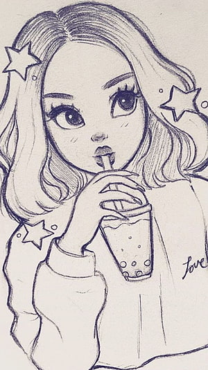 Hand-drawn sketch of a girl sipping a bubble tea with star accents HD phone wallpaper