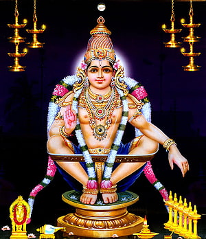 Lord Ayyappa Sitting on Golden Throne with Oil Lamps and Flower Garlands HD phone wallpaper