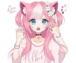 Burst Tomato Anime Girl with Pink Hair and Cat Ears HD wallpaper