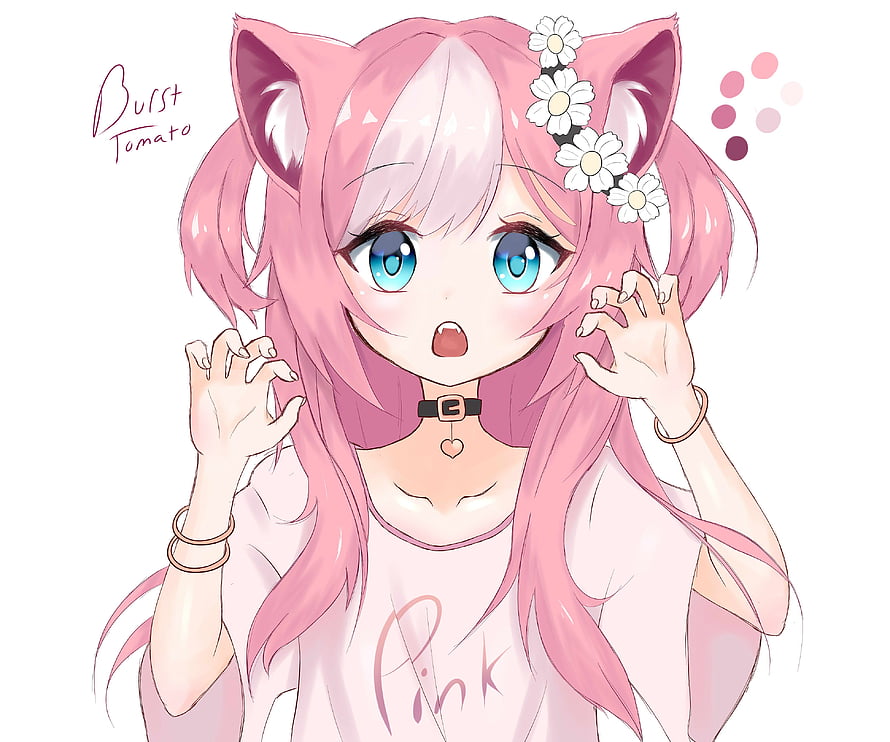 Burst Tomato Anime Girl with Pink Hair and Cat Ears HD wallpaper