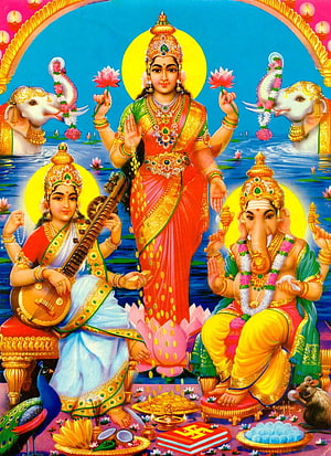 Goddess Lakshmi with Ganesha and Saraswati Hindu Deities Wallpaper HD phone wallpaper