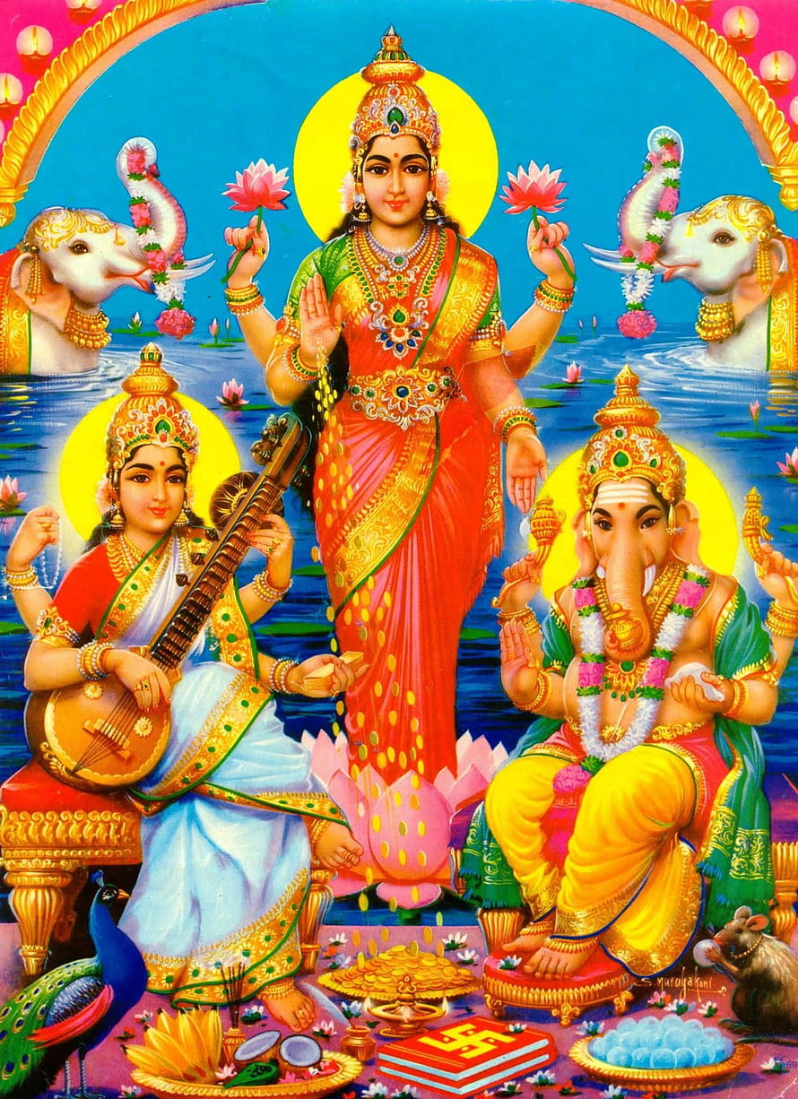 Goddess Lakshmi with Ganesha and Saraswati Hindu Deities Wallpaper HD phone wallpaper
