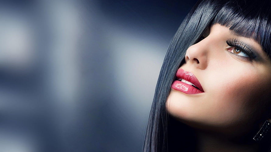 Close-up portrait of a woman with sleek black hair and bold red lips against a soft blue background, Women Hair Salon , Beauty Center HD wallpaper