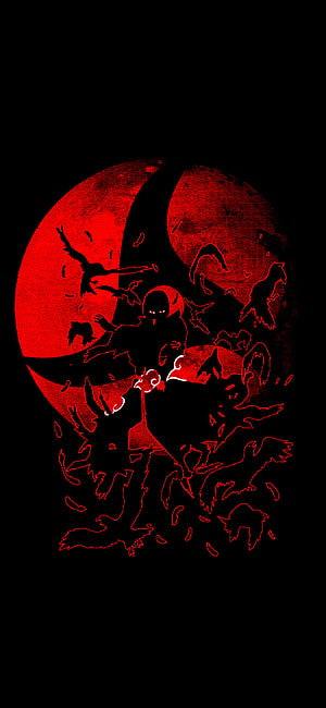 Silhouette of a Hooded Figure with Crows Against a Red Moon HD phone wallpaper