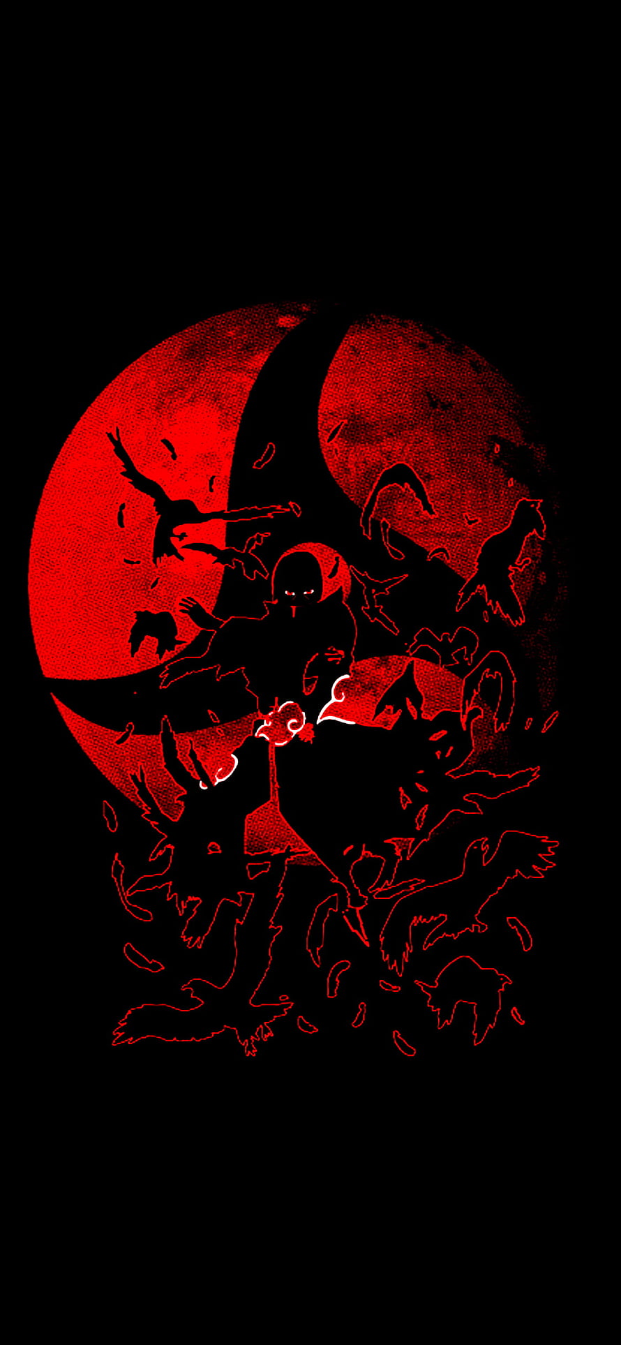 Silhouette of a Hooded Figure with Crows Against a Red Moon HD phone wallpaper