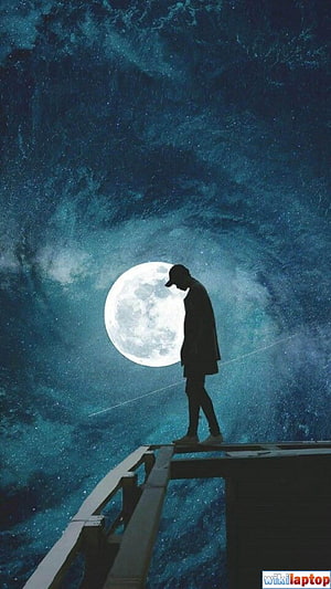 Silhouette of a Man Standing on a Wooden Dock Under a Giant Full Moon in a Starry Night Sky, Sad, Sad Boy HD phone wallpaper