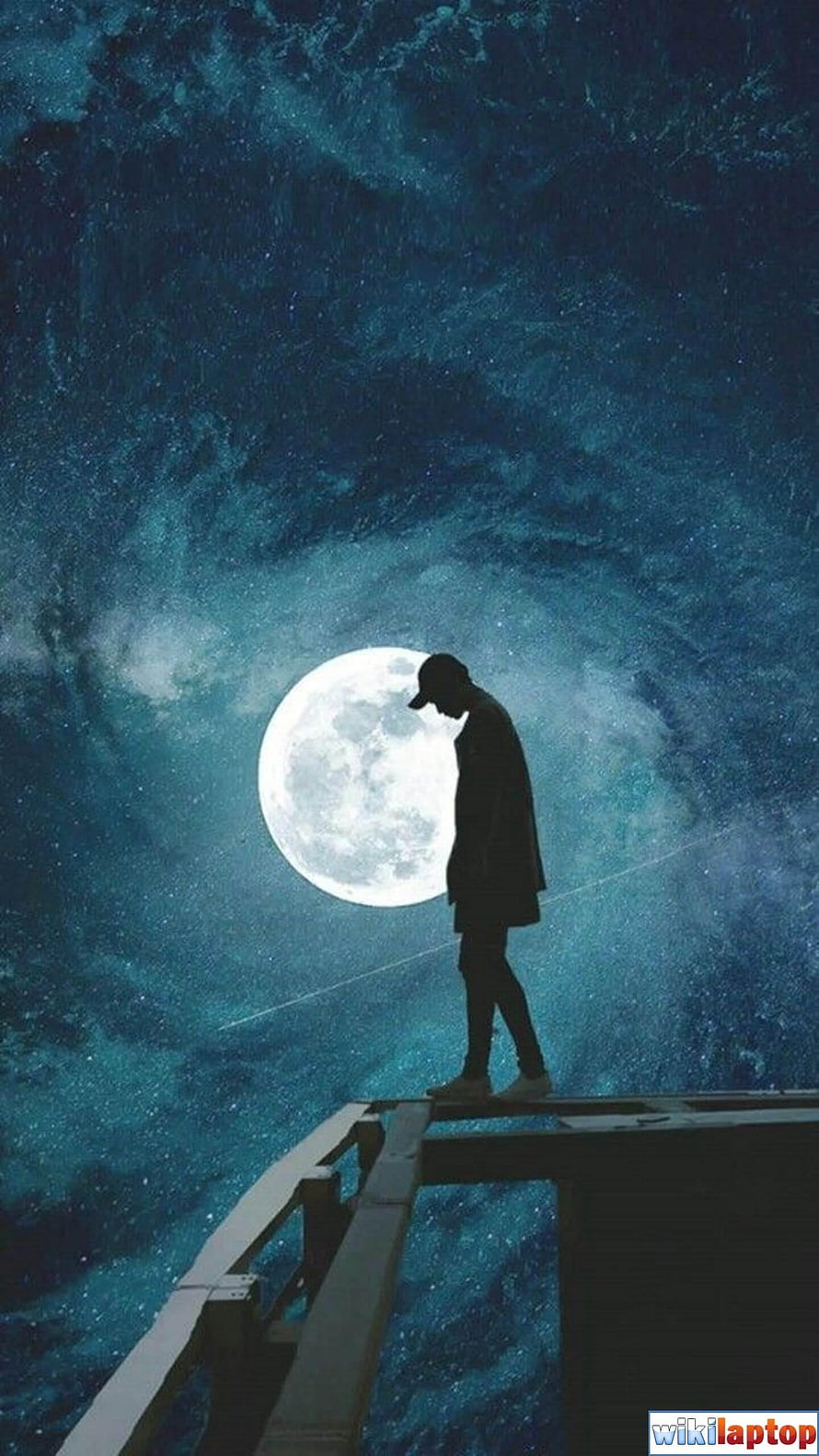 Silhouette of a Man Standing on a Wooden Dock Under a Giant Full Moon in a Starry Night Sky, Sad, Sad Boy HD phone wallpaper