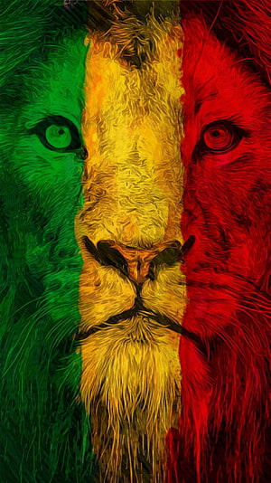 Vibrant Rastafarian Lion Portrait in Green Yellow and Red Colors HD phone wallpaper