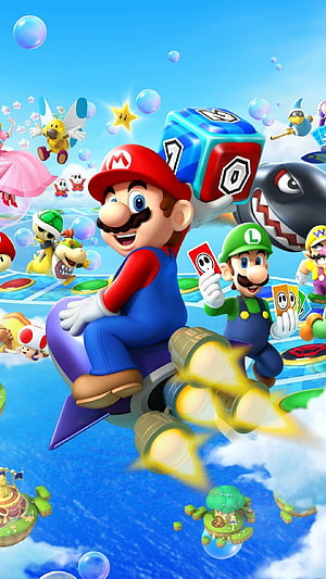 Mario and Luigi flying on a rocket ship in Super Mario Party with Bowser Jr and other characters HD phone wallpaper