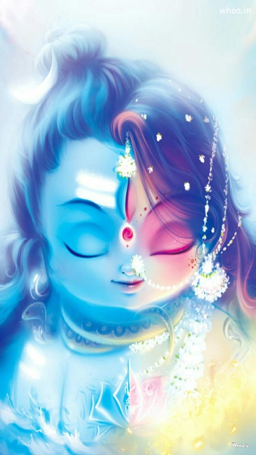 Lord Shiva And Parvati In Serene Union With Crescent Moon And Floral Garland HD phone wallpaper