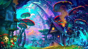 Fantasy Mushroom Forest Landscape with Cozy Cottage and Glowing Flora HD wallpaper
