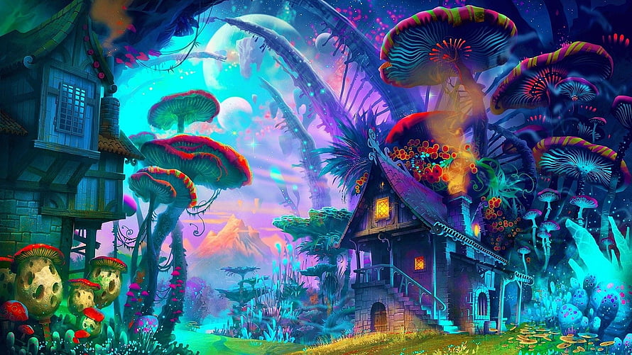 Fantasy Mushroom Forest Landscape with Cozy Cottage and Glowing Flora HD wallpaper