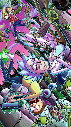 Rick Sanchez and Morty Smith chaotic sci-fi adventure with alien creatures and gadgets HD phone wallpaper