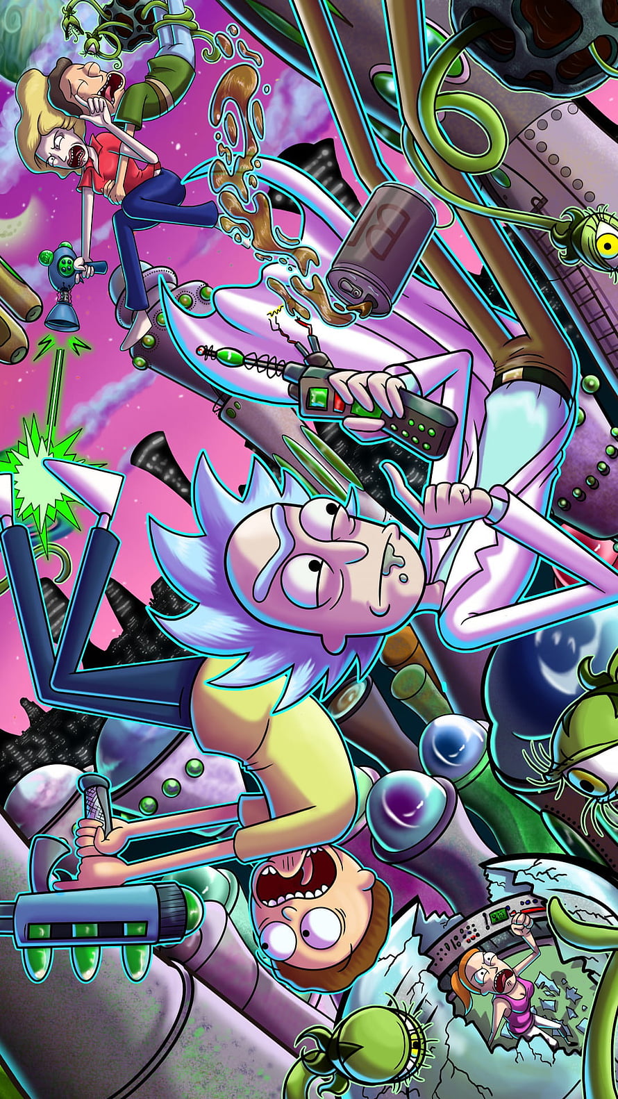 Rick Sanchez and Morty Smith chaotic sci-fi adventure with alien creatures and gadgets HD phone wallpaper