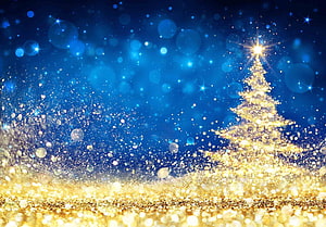 Magical Golden Christmas Tree With Glittering Sparkles On Blue Background HD wallpaper