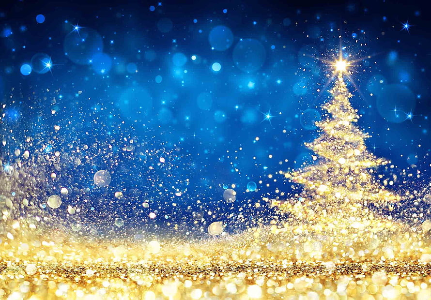 Magical Golden Christmas Tree With Glittering Sparkles On Blue Background HD wallpaper