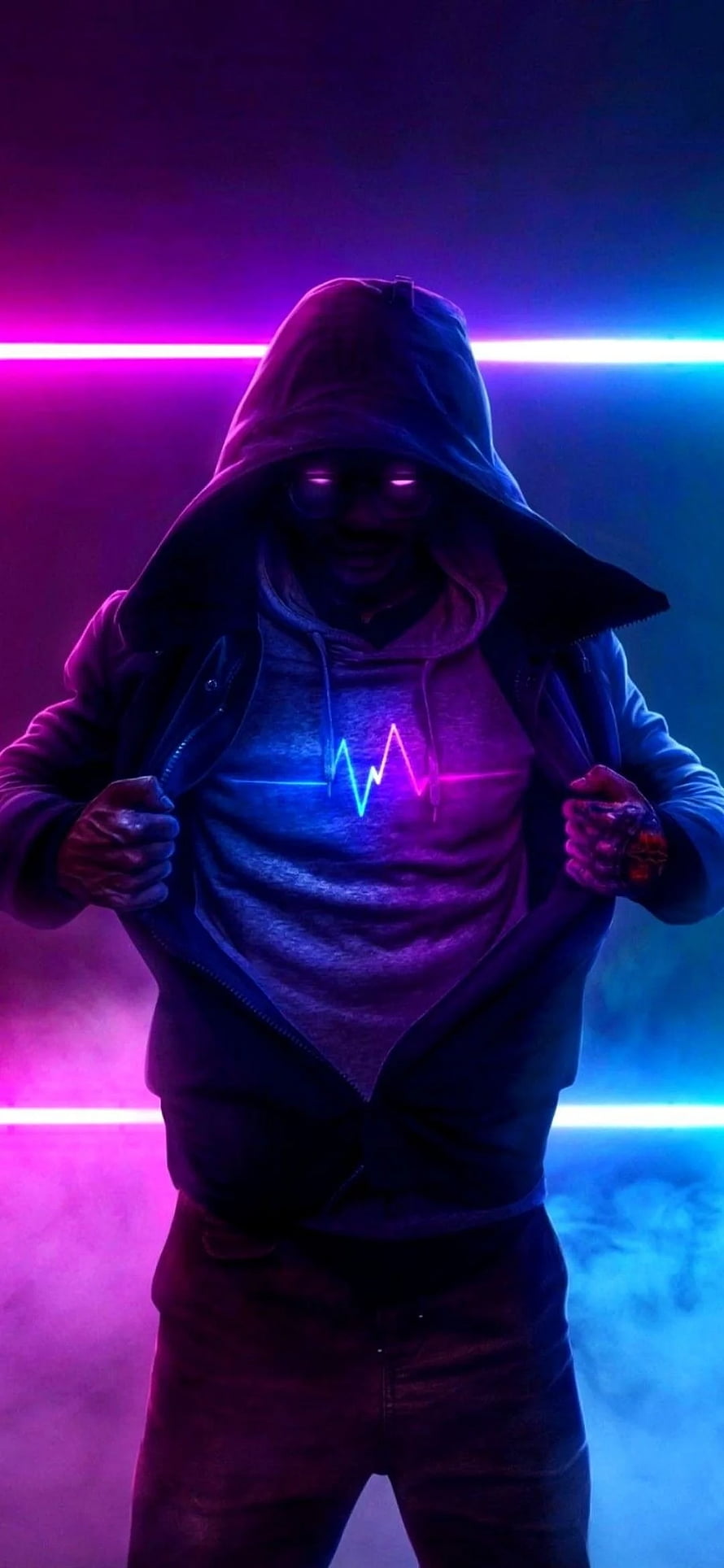 Cyberpunk Hacker in Hoodie with Neon Heartbeat Pulse and Glowing Eyes HD phone wallpaper