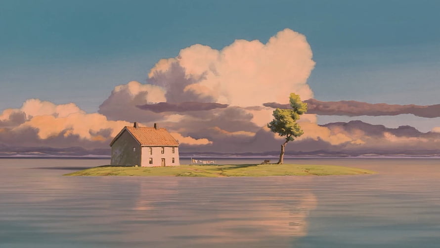 Serene Cottage on a Small Island Surrounded by Calm Water and Dramatic Clouds HD wallpaper