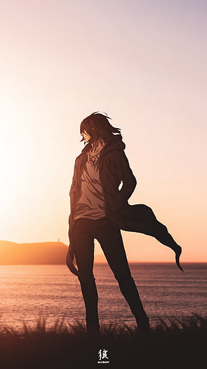 Anime Character Standing By The Sea At Sunset In A Hooded Coat HD phone wallpaper