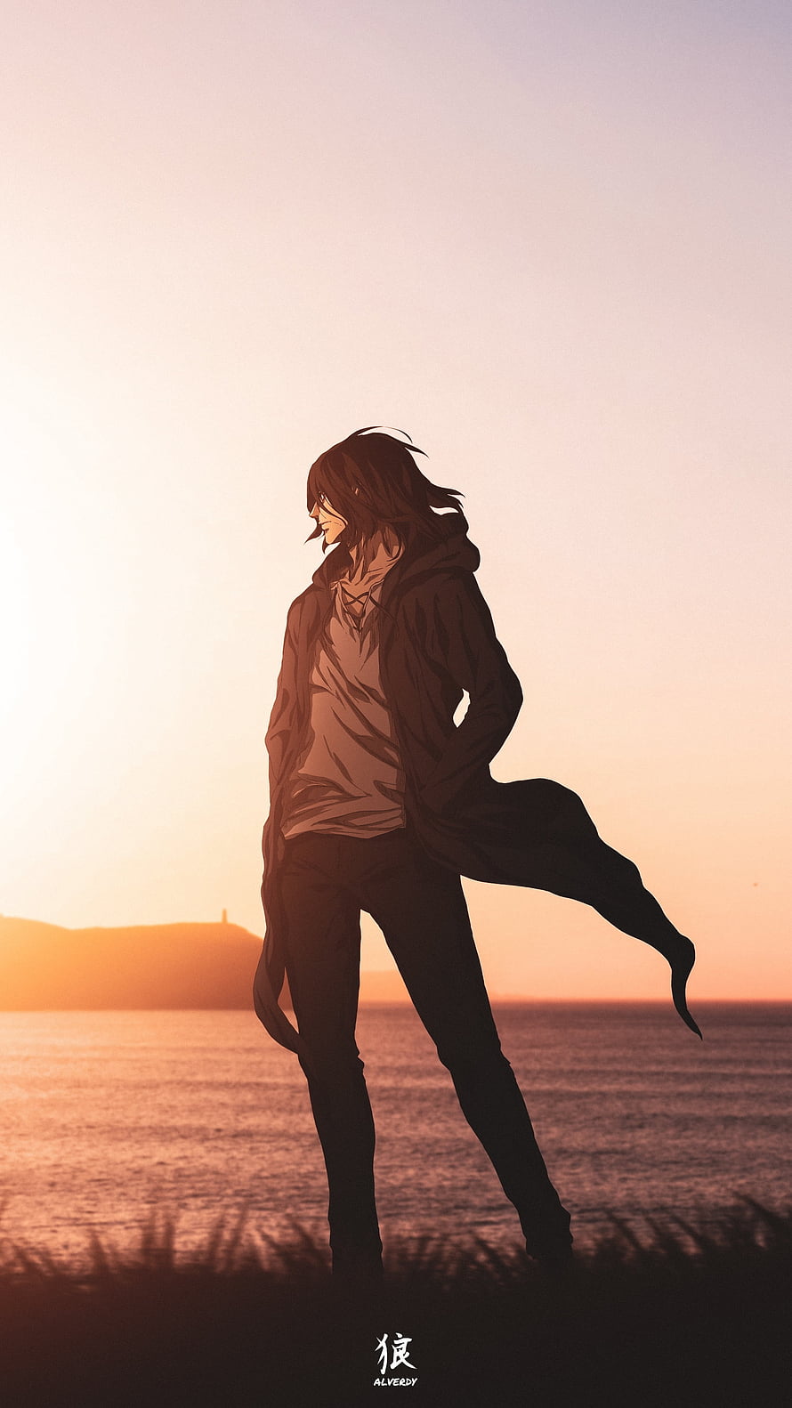 Anime Character Standing By The Sea At Sunset In A Hooded Coat HD phone wallpaper