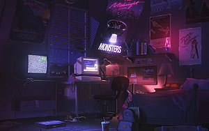 Neon-lit retro bedroom with vintage computer, CRT TV, and glowing posters in a moody night scene HD wallpaper