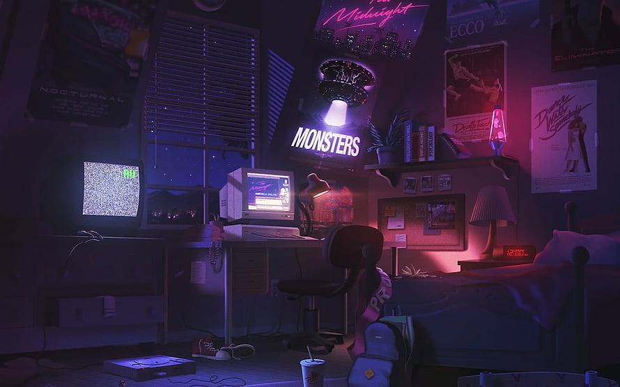 Neon-lit retro bedroom with vintage computer, CRT TV, and glowing posters in a moody night scene HD wallpaper