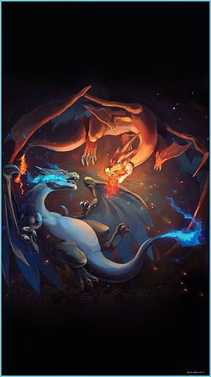Mega Charizard X and Charizard Y Confrontation in Dramatic Fantasy Art HD phone wallpaper