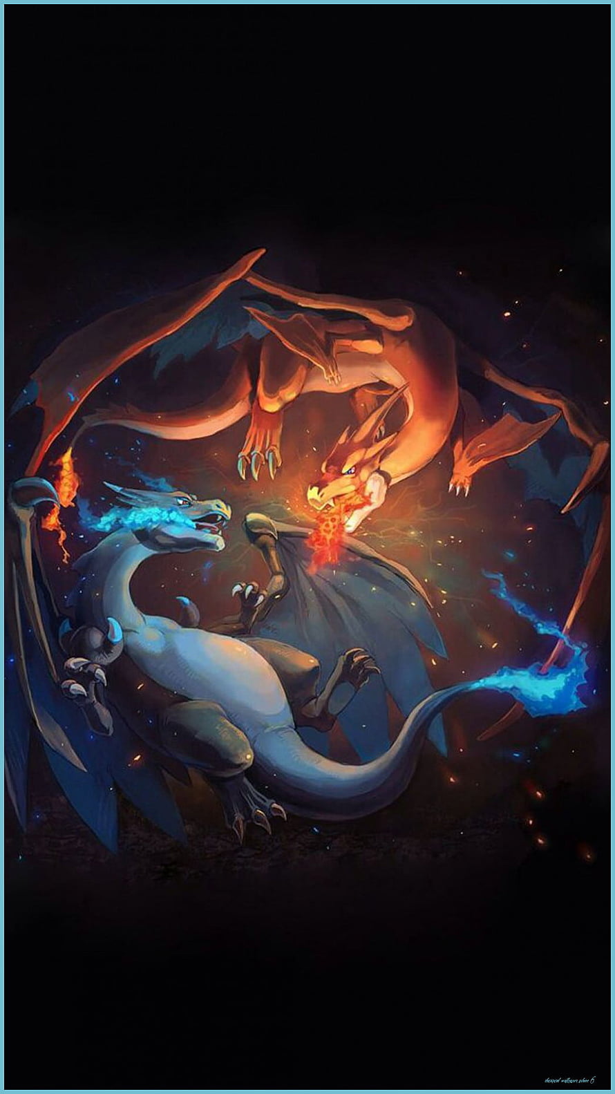 Mega Charizard X and Charizard Y Confrontation in Dramatic Fantasy Art HD phone wallpaper