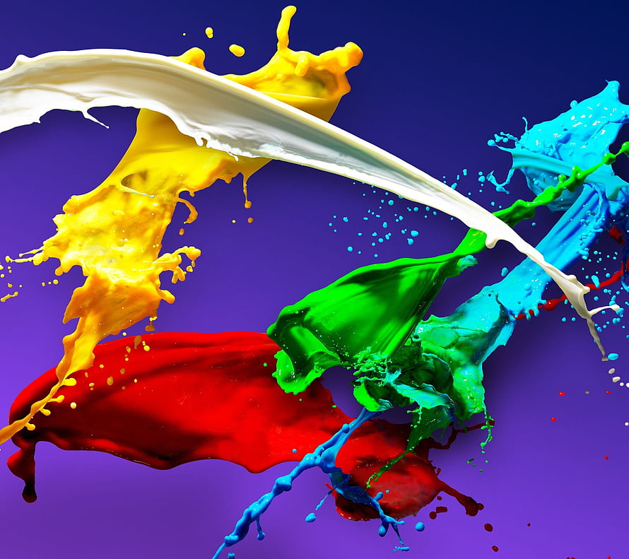 Vibrant Multicolored Paint Splash on Purple Background HD wallpaper