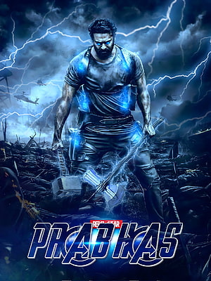 Prabhas as the Rebel Star wielding lightning powers in a dark battlefield with helicopters HD phone wallpaper