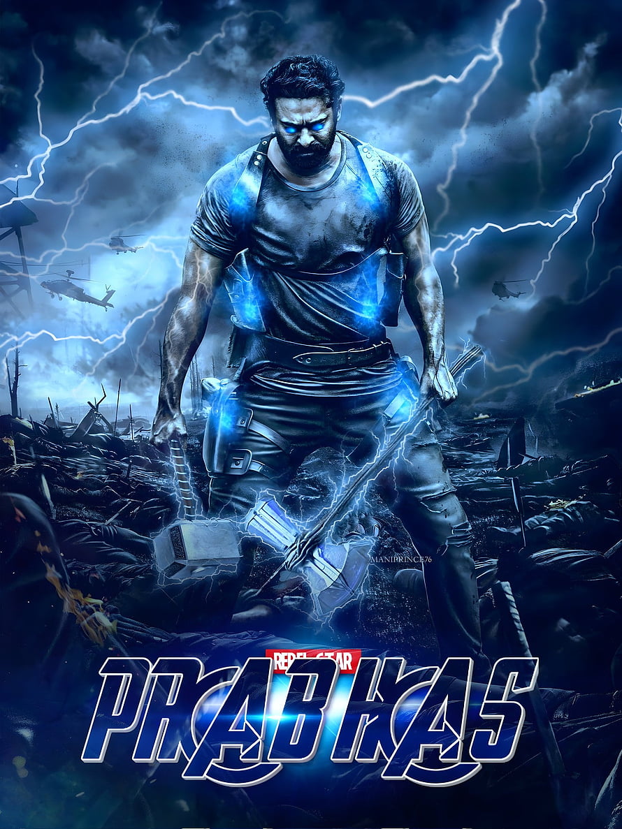 Prabhas as the Rebel Star wielding lightning powers in a dark battlefield with helicopters HD phone wallpaper