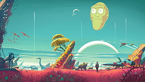 Outer Wilds Alien Landscape with Giant Head and Retro Spacecraft HD wallpaper