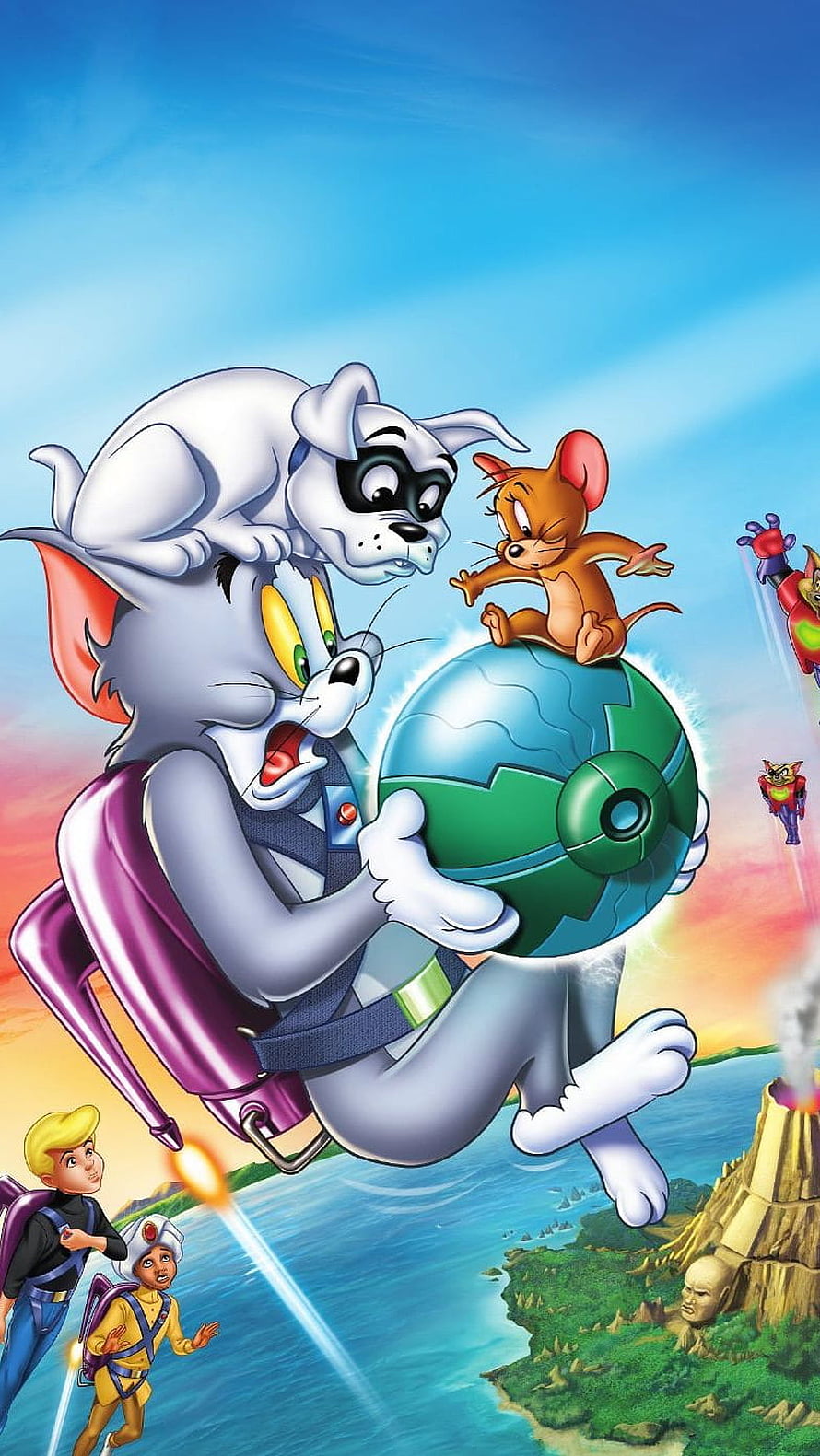 Tom and Jerry Adventure with Squeaky and Spike on Jetpacks Over Tropical Island HD phone wallpaper
