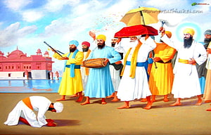 Sikh Guru Procession with Parasol and Drummers in Traditional Attire HD wallpaper