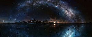 Starry Night Sky Over Calm Water With Rocky Island And Milky Way Reflection HD wallpaper