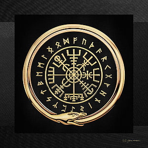 Vegvisir Norse Runic Compass Gold Emblem on Black Background HD phone wallpaper