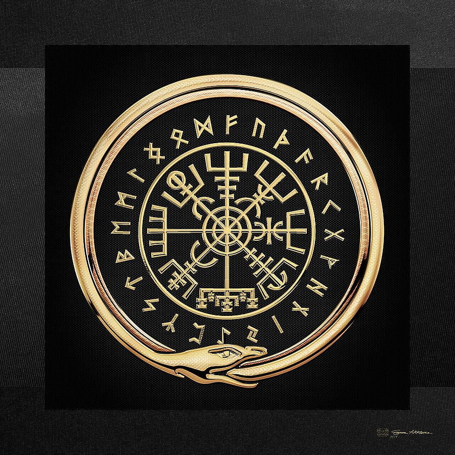 Vegvisir Norse Runic Compass Gold Emblem on Black Background HD phone wallpaper