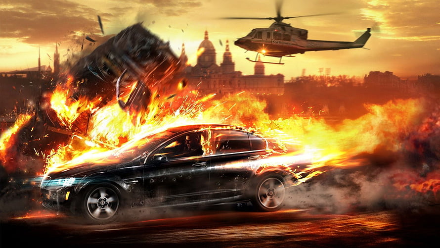 Explosive Action Scene with Burning Car and Helicopter Over City Skyline HD wallpaper