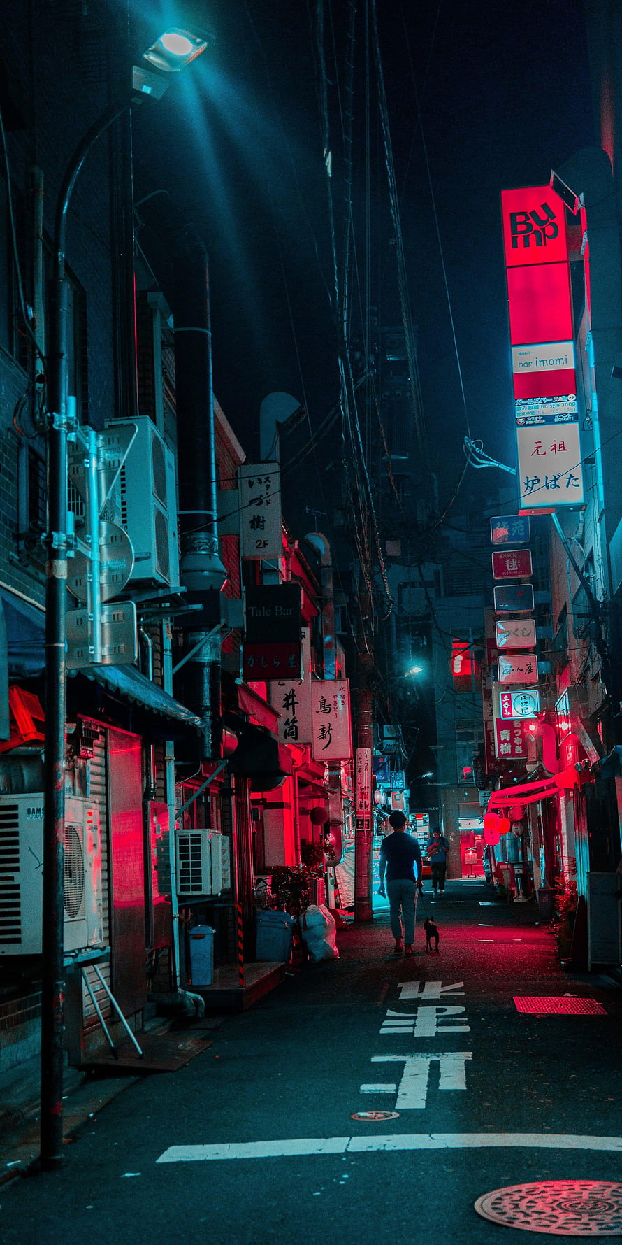 Neon-lit Japanese alleyway at night with a man walking his dog past glowing red and blue signs, Vaporwave Aesthetic Japan City, Japan Cityscape HD phone wallpaper