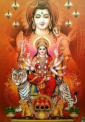 Maa Vaishno Devi Seated on Tiger with Trishul and Sword in Divine Red Saree HD phone wallpaper
