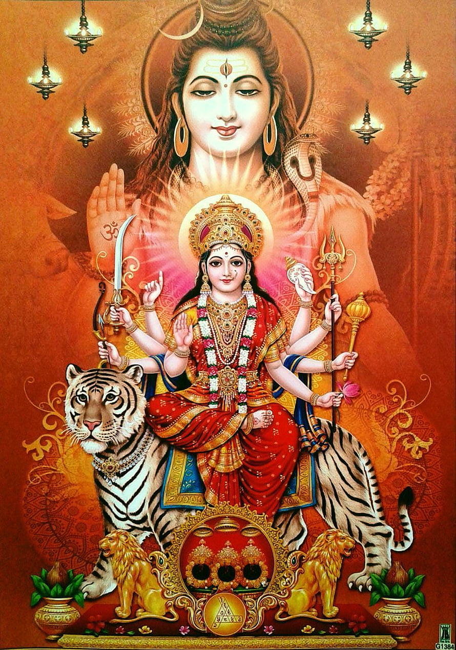 Maa Vaishno Devi Seated on Tiger with Trishul and Sword in Divine Red Saree HD phone wallpaper