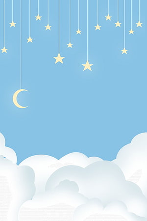 Cute Pastel Blue Sky with Hanging Stars, Crescent Moon, and Fluffy Clouds HD phone wallpaper