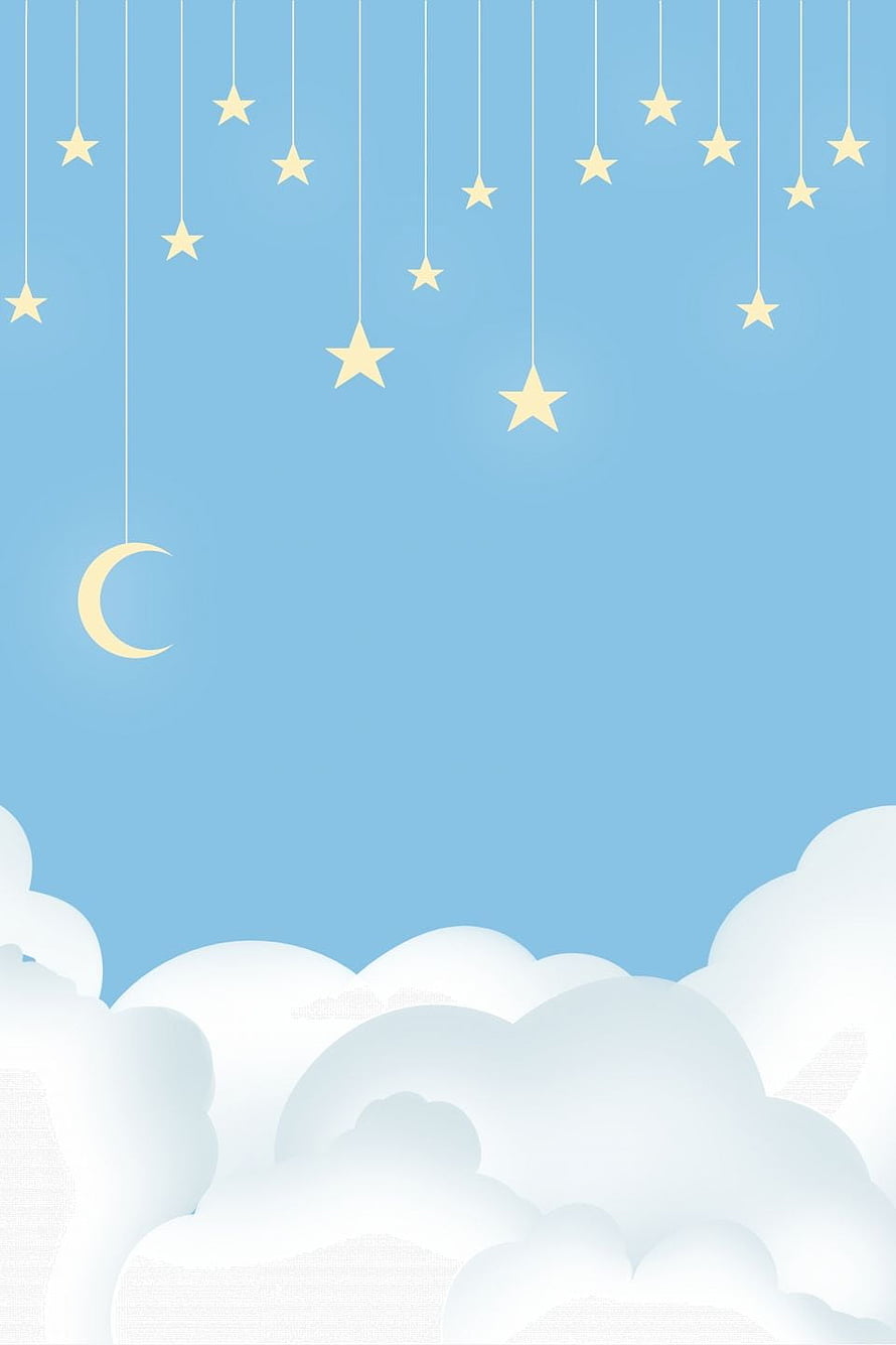 Cute Pastel Blue Sky with Hanging Stars, Crescent Moon, and Fluffy Clouds HD phone wallpaper